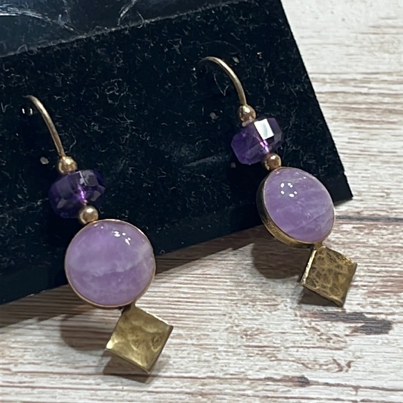 Sterling Silver Purple Stone Geometric Pattern Drop Earrings - Picture 1 of 3